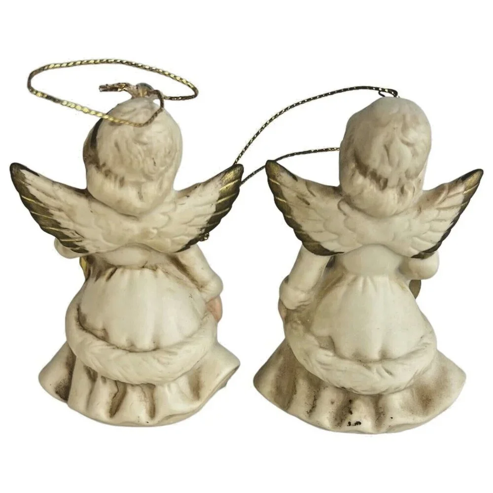 6 Homco Angel Tree Ornaments Complete Set Bisque Porcelain Made in‎ Taiwan VTG